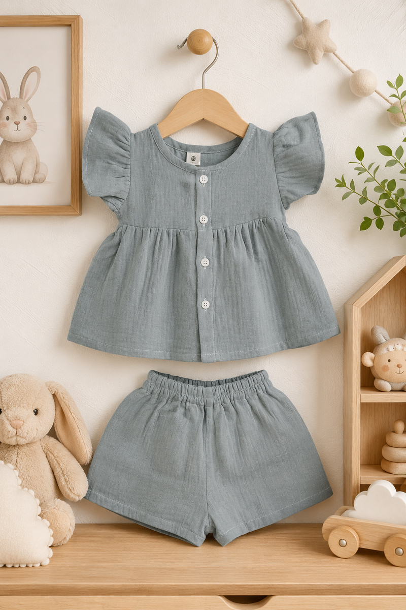Grey Baby Girl Short Sleeve Top and Shorts Set | Premium Crinkled Double Layered Muslin