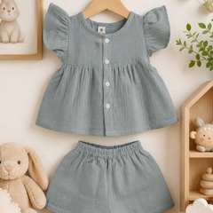 Grey Baby Girl Short Sleeve Top and Shorts Set | Premium Crinkled Double Layered Muslin