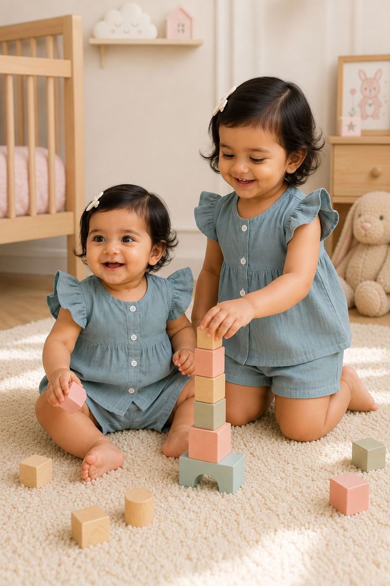 Grey Baby Girl Short Sleeve Top and Shorts Set | Premium Crinkled Double Layered Muslin