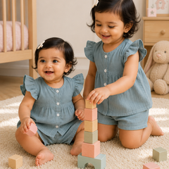 Grey Baby Girl Short Sleeve Top and Shorts Set | Premium Crinkled Double Layered Muslin