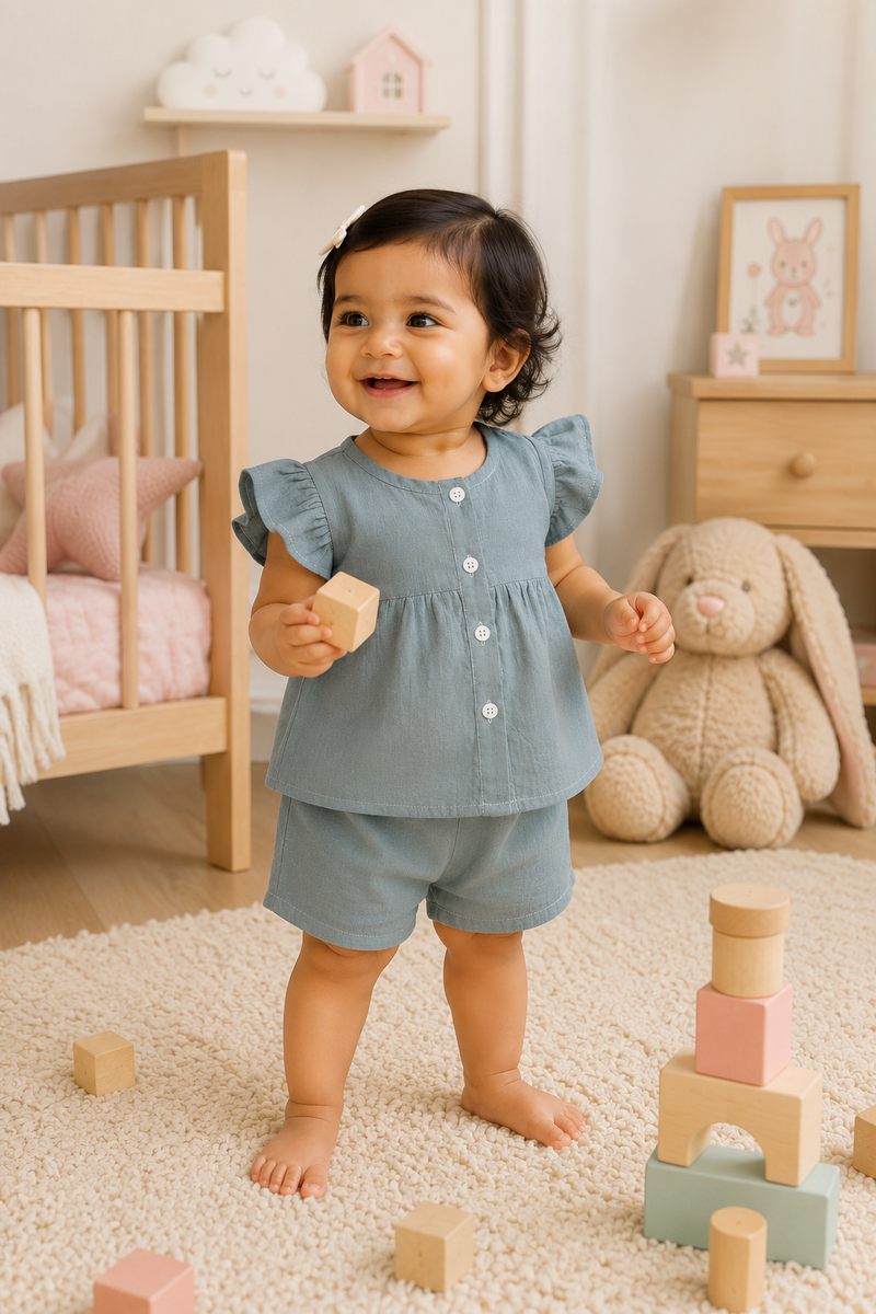 Grey Baby Girl Short Sleeve Top and Shorts Set | Premium Crinkled Double Layered Muslin