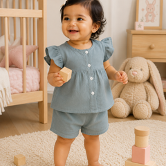 Grey Baby Girl Short Sleeve Top and Shorts Set | Premium Crinkled Double Layered Muslin
