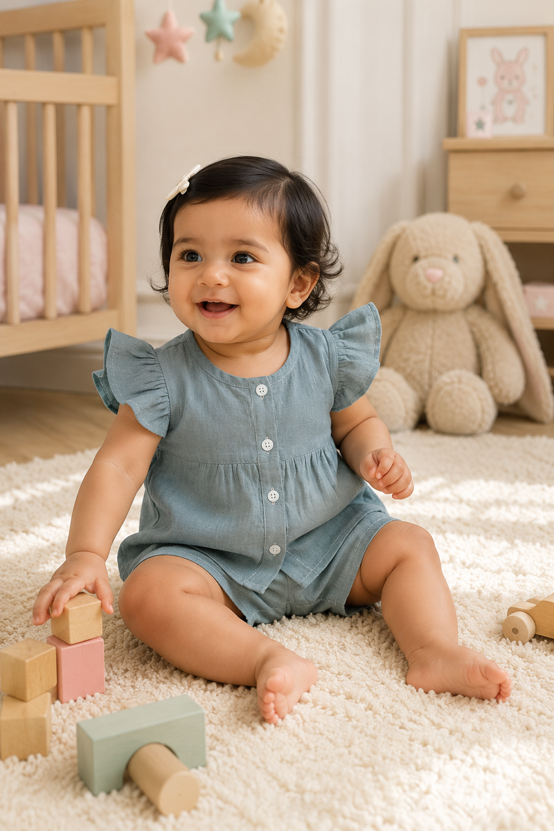 Grey Baby Girl Short Sleeve Top and Shorts Set | Premium Crinkled Double Layered Muslin