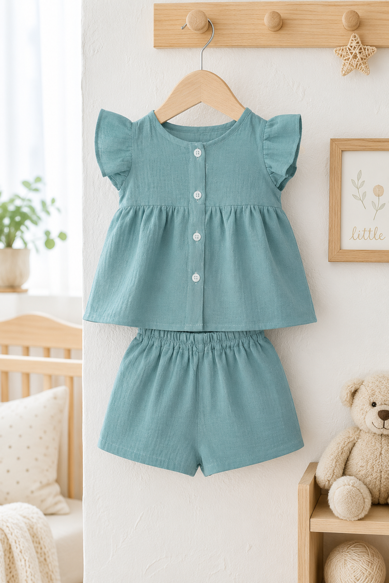 Teal Baby Girl Short Sleeve Top and Shorts Set | Premium Crinkled Double Layered Muslin