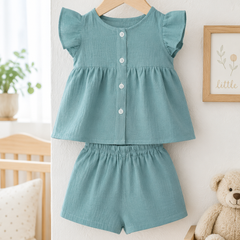 Teal Baby Girl Short Sleeve Top and Shorts Set | Premium Crinkled Double Layered Muslin