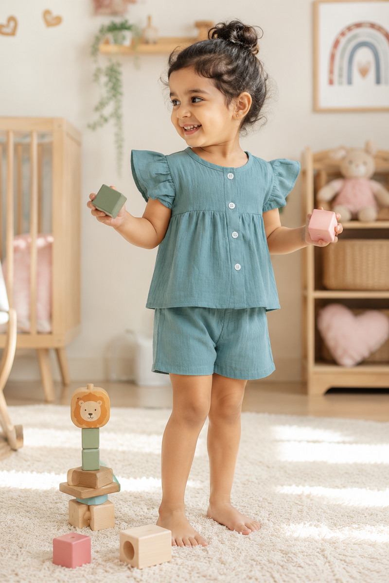 Teal Baby Girl Short Sleeve Top and Shorts Set | Premium Crinkled Double Layered Muslin