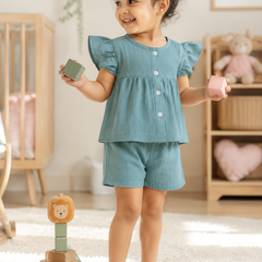 Teal Baby Girl Short Sleeve Top and Shorts Set | Premium Crinkled Double Layered Muslin