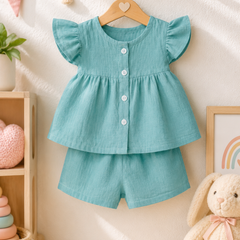 Aqua Blue Baby Girl Short Sleeve Top and Shorts Set | Premium Crinkled Double Layered Muslin