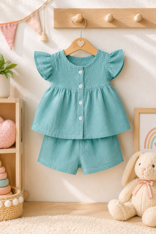 Aqua Blue Baby Girl Short Sleeve Top and Shorts Set | Premium Crinkled Double Layered Muslin