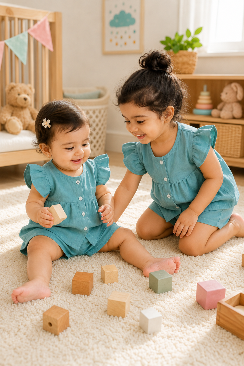 Teal Baby Girl Short Sleeve Top and Shorts Set | Premium Crinkled Double Layered Muslin