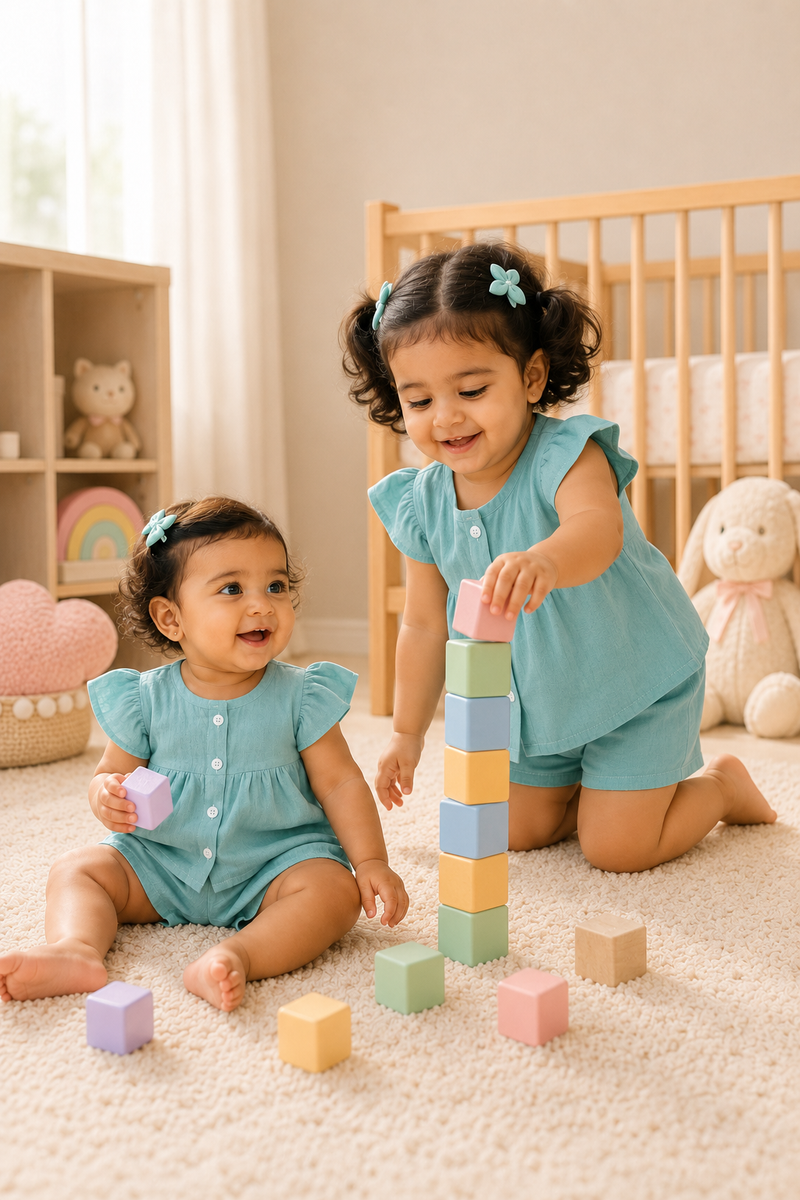 Aqua Blue Baby Girl Short Sleeve Top and Shorts Set | Premium Crinkled Double Layered Muslin