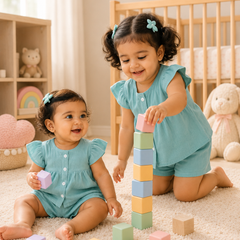 Aqua Blue Baby Girl Short Sleeve Top and Shorts Set | Premium Crinkled Double Layered Muslin