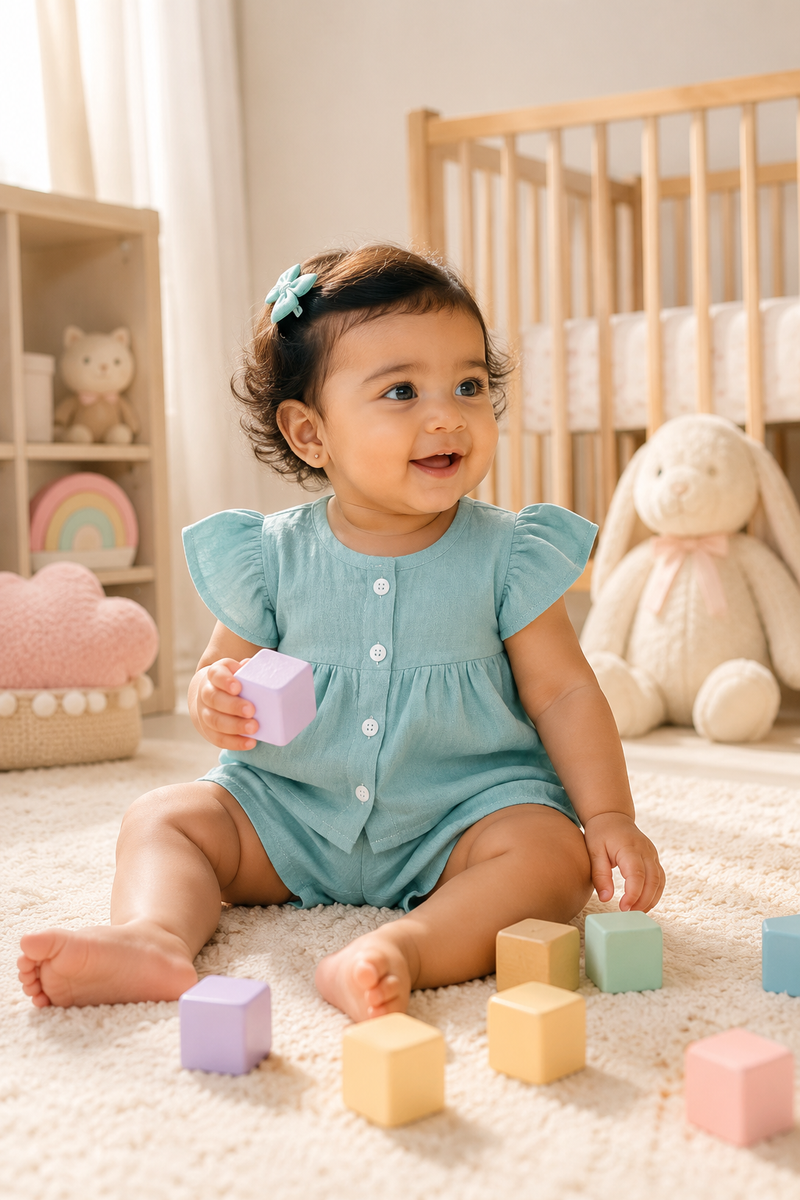 Aqua Blue Baby Girl Short Sleeve Top and Shorts Set | Premium Crinkled Double Layered Muslin