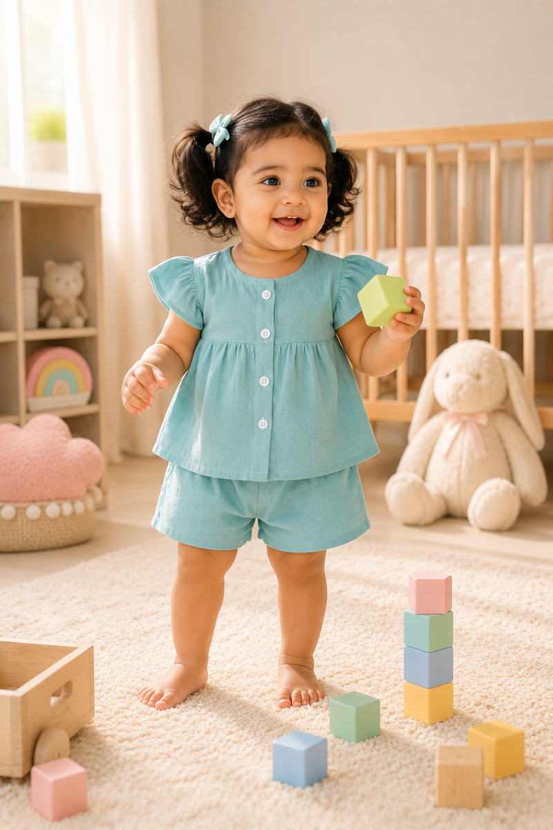 Aqua Blue Baby Girl Short Sleeve Top and Shorts Set | Premium Crinkled Double Layered Muslin