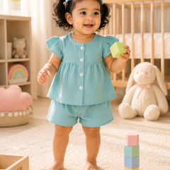 Aqua Blue Baby Girl Short Sleeve Top and Shorts Set | Premium Crinkled Double Layered Muslin