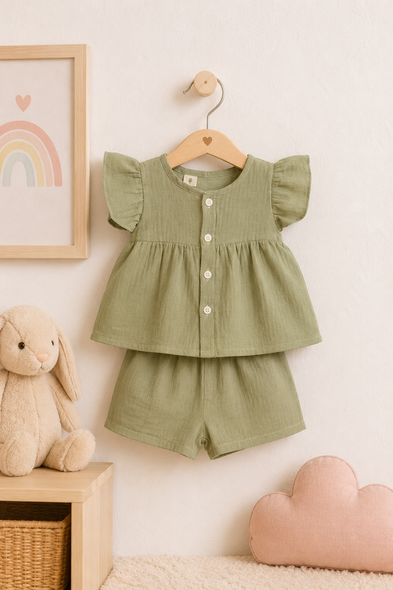 Lime Green Baby Girl Short Sleeve Top and Shorts Set | Premium Crinkled Double Layered Muslin