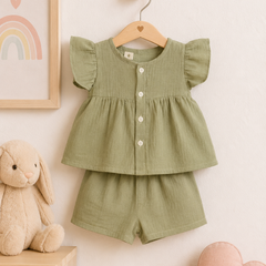 Lime Green Baby Girl Short Sleeve Top and Shorts Set | Premium Crinkled Double Layered Muslin