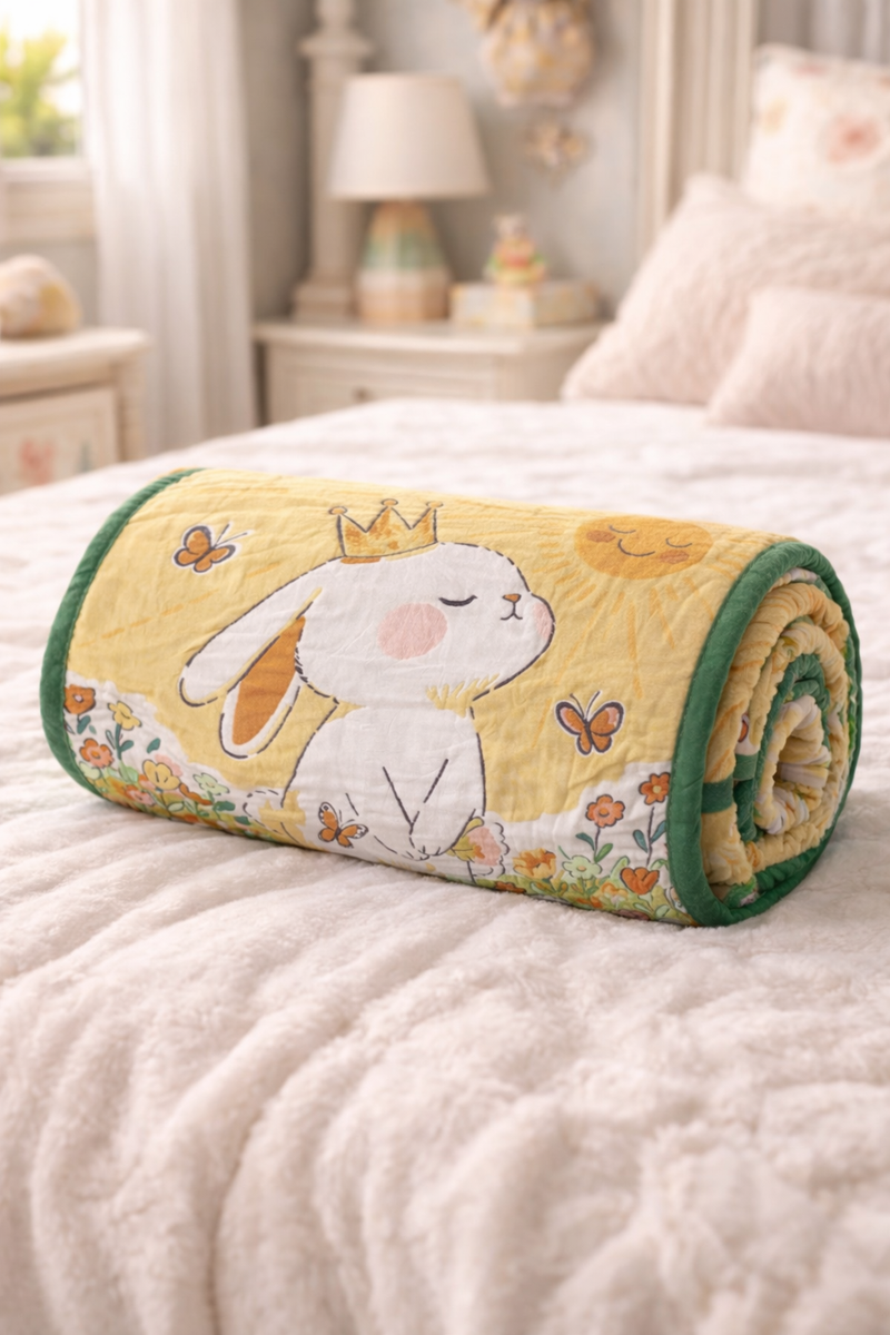 Lightweight Soft Plush Velvet Fleece 2 way Printed Blanket for 1 -7 Year Olds - Garden Rabbit