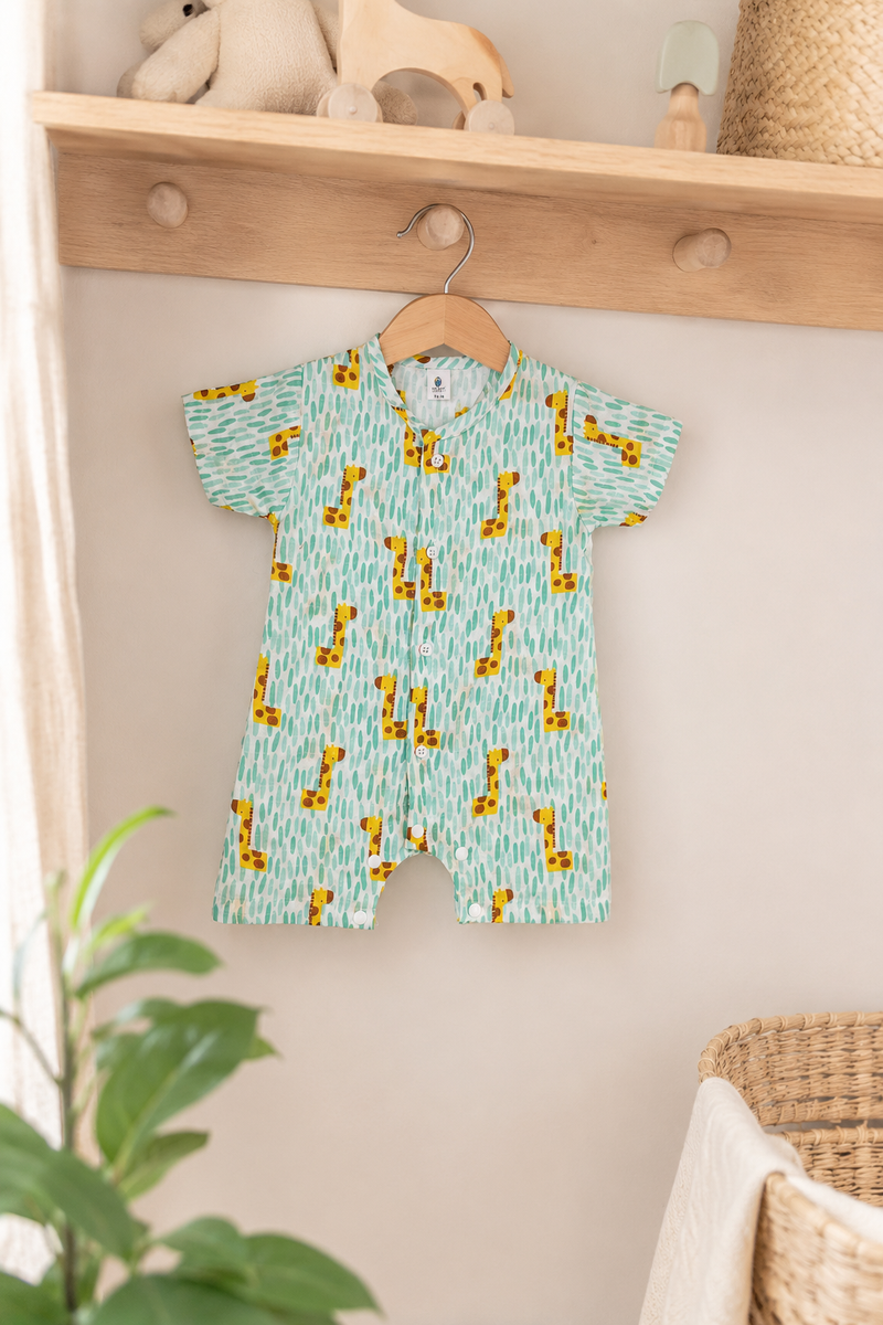 Green Giraffe | Short Sleeves | Unisex Romper Bodysuit | 100% Cotton Muslin for 0 to 2 Yrs