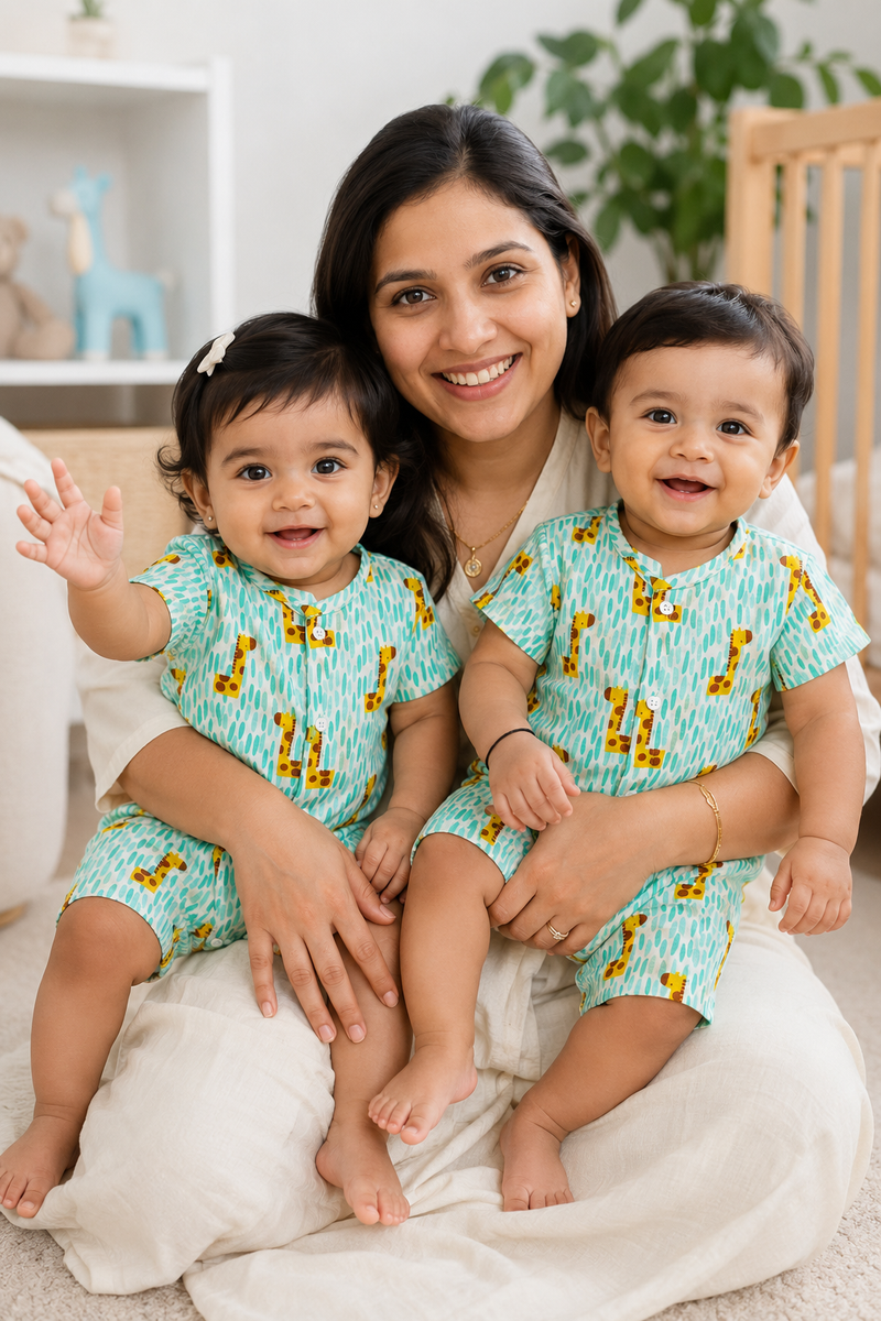 Green Giraffe | Short Sleeves | Unisex Romper Bodysuit | 100% Cotton Muslin for 0 to 2 Yrs