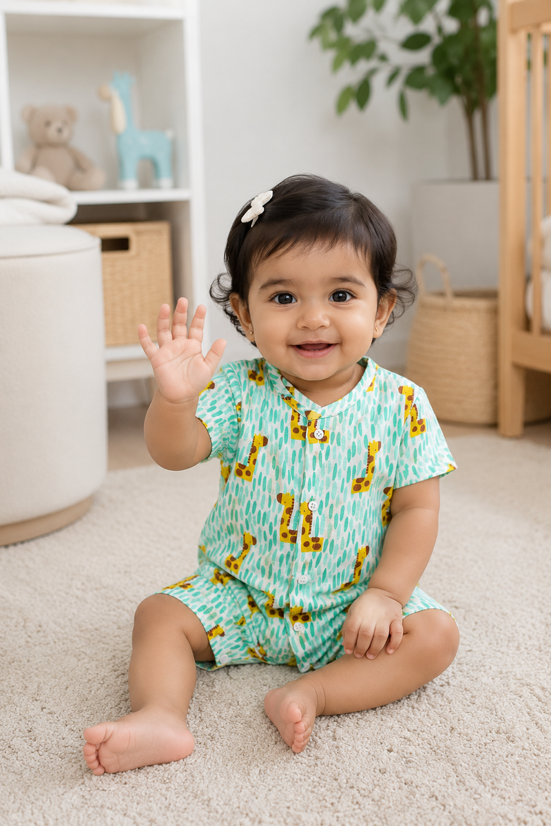 Green Giraffe | Short Sleeves | Unisex Romper Bodysuit | 100% Cotton Muslin for 0 to 2 Yrs
