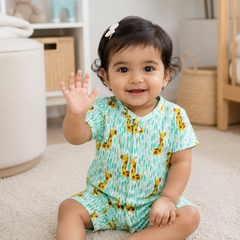 Green Giraffe | Short Sleeves | Unisex Romper Bodysuit | 100% Cotton Muslin for 0 to 2 Yrs
