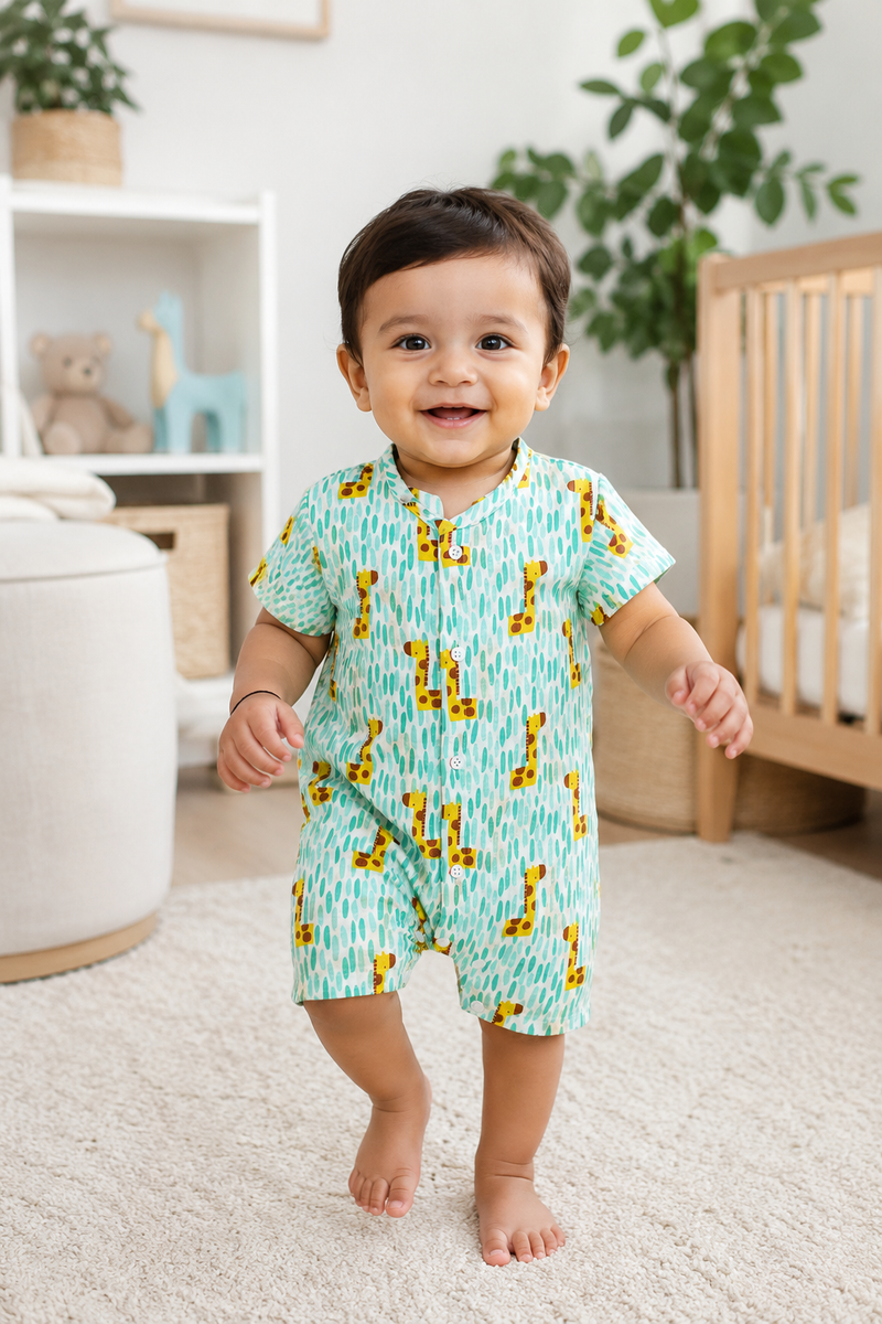 Green Giraffe | Short Sleeves | Unisex Romper Bodysuit | 100% Cotton Muslin for 0 to 2 Yrs