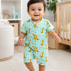 Green Giraffe | Short Sleeves | Unisex Romper Bodysuit | 100% Cotton Muslin for 0 to 2 Yrs
