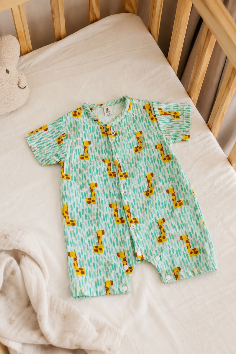 Green Giraffe | Short Sleeves | Unisex Romper Bodysuit | 100% Cotton Muslin for 0 to 2 Yrs