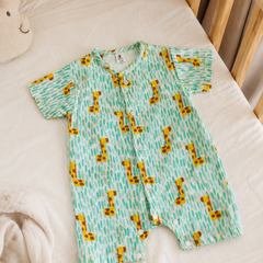Green Giraffe | Short Sleeves | Unisex Romper Bodysuit | 100% Cotton Muslin for 0 to 2 Yrs