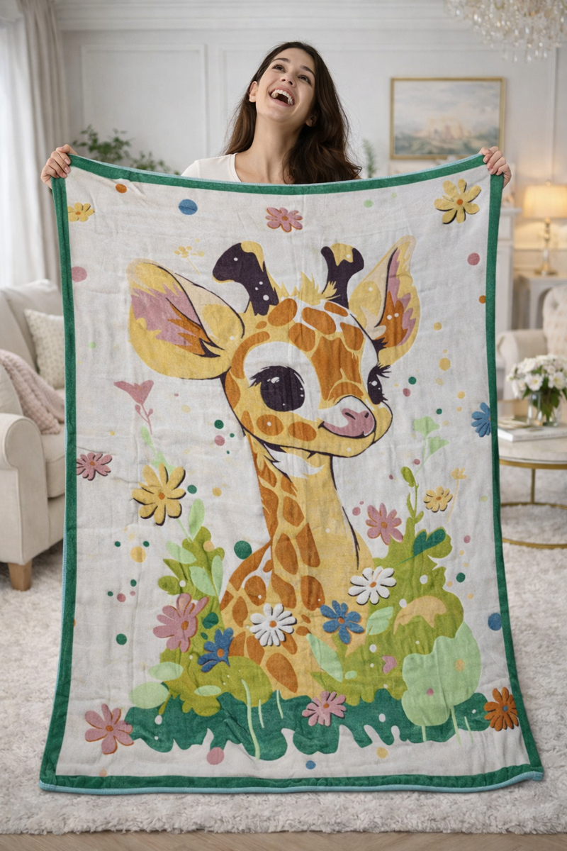 Lightweight Soft Plush Velvet Fleece 2 way Printed Blanket for 1 -7 Year Olds - Giraffe Baby