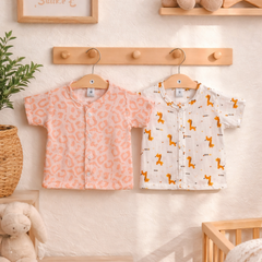 Set of 2 100% Cotton Muslin Jhablas | Short Sleeves Baby Jhablas - Giraffe Plus