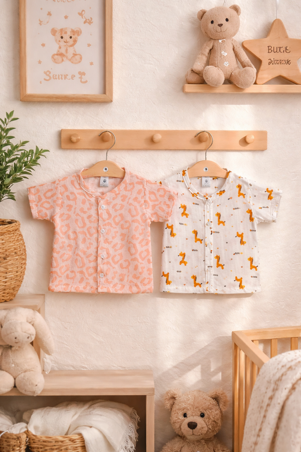 Set of 2 100% Cotton Muslin Jhablas | Short Sleeves Baby Jhablas - Giraffe Plus