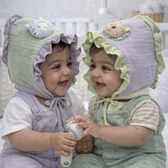 Green Purple Kradyl Kroft Baby Caps Set of 2 with Soft Toy Embellishment