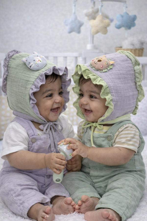 Green Purple Kradyl Kroft Baby Caps Set of 2 with Soft Toy Embellishment
