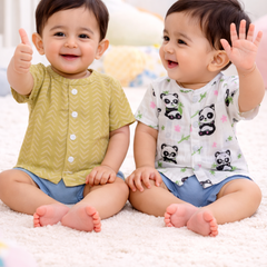 Set of 2 100% Cotton Muslin Jhablas | Short Sleeves Baby Jhablas - Panda Leaves Plus
