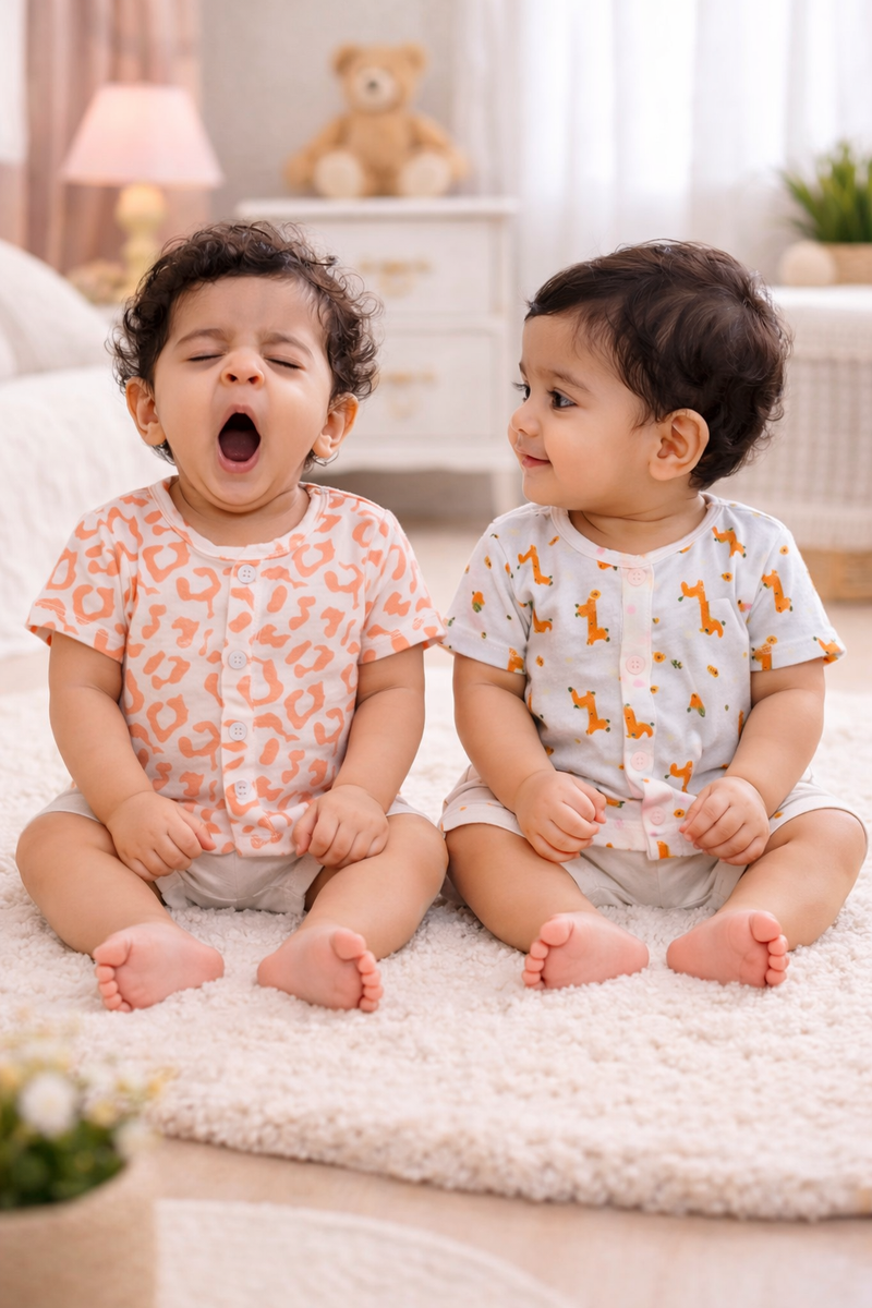 Set of 2 100% Cotton Muslin Jhablas | Short Sleeves Baby Jhablas - Giraffe Plus