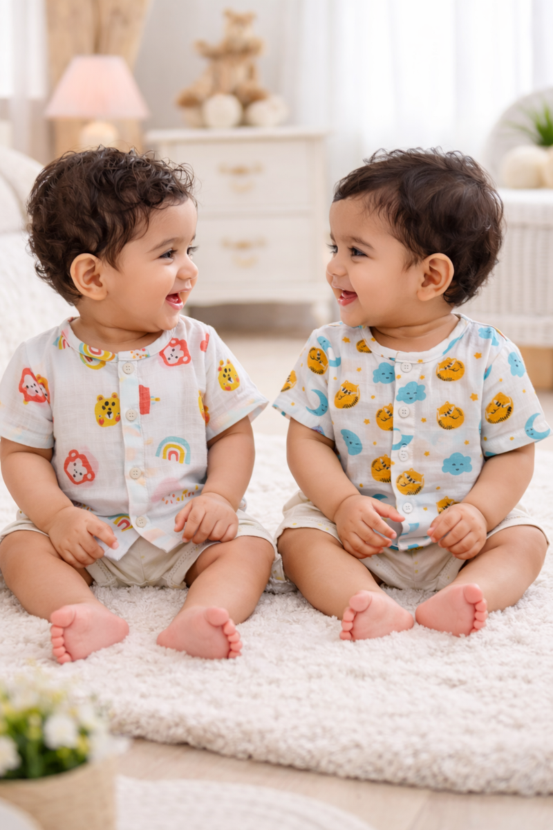 Set of 2 100% Cotton Muslin Jhablas | Short Sleeves Baby Jhablas - Sun Moon Plus