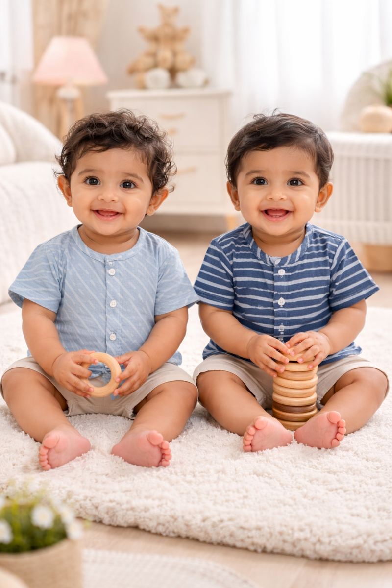 Set of 2 100% Cotton Muslin Jhablas | Short Sleeves Baby Jhablas - Navy Stripes Plus