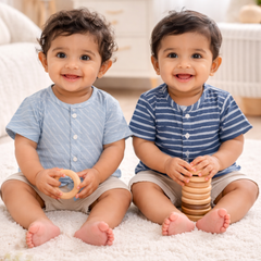 Set of 2 100% Cotton Muslin Jhablas | Short Sleeves Baby Jhablas - Navy Stripes Plus