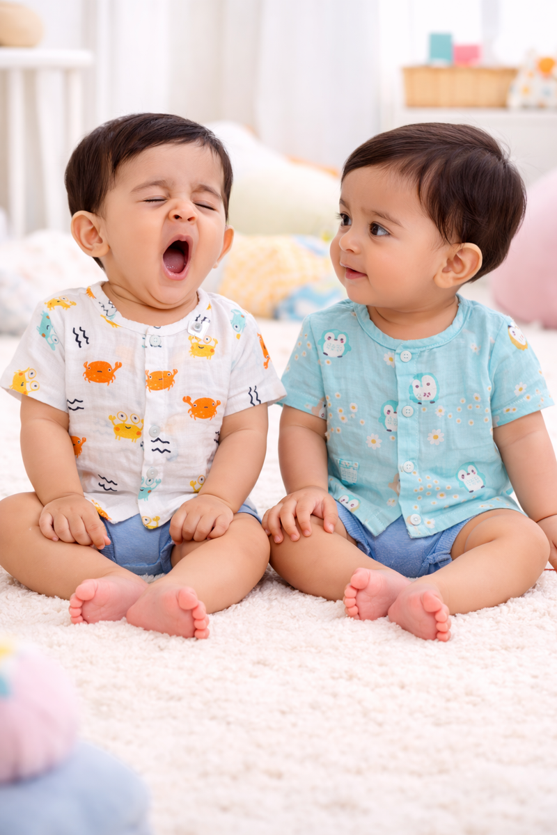 Set of 2 100% Cotton Muslin Jhablas | Short Sleeves Baby Jhablas - Blue Penguin Plus