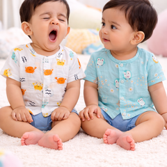 Set of 2 100% Cotton Muslin Jhablas | Short Sleeves Baby Jhablas - Blue Penguin Plus
