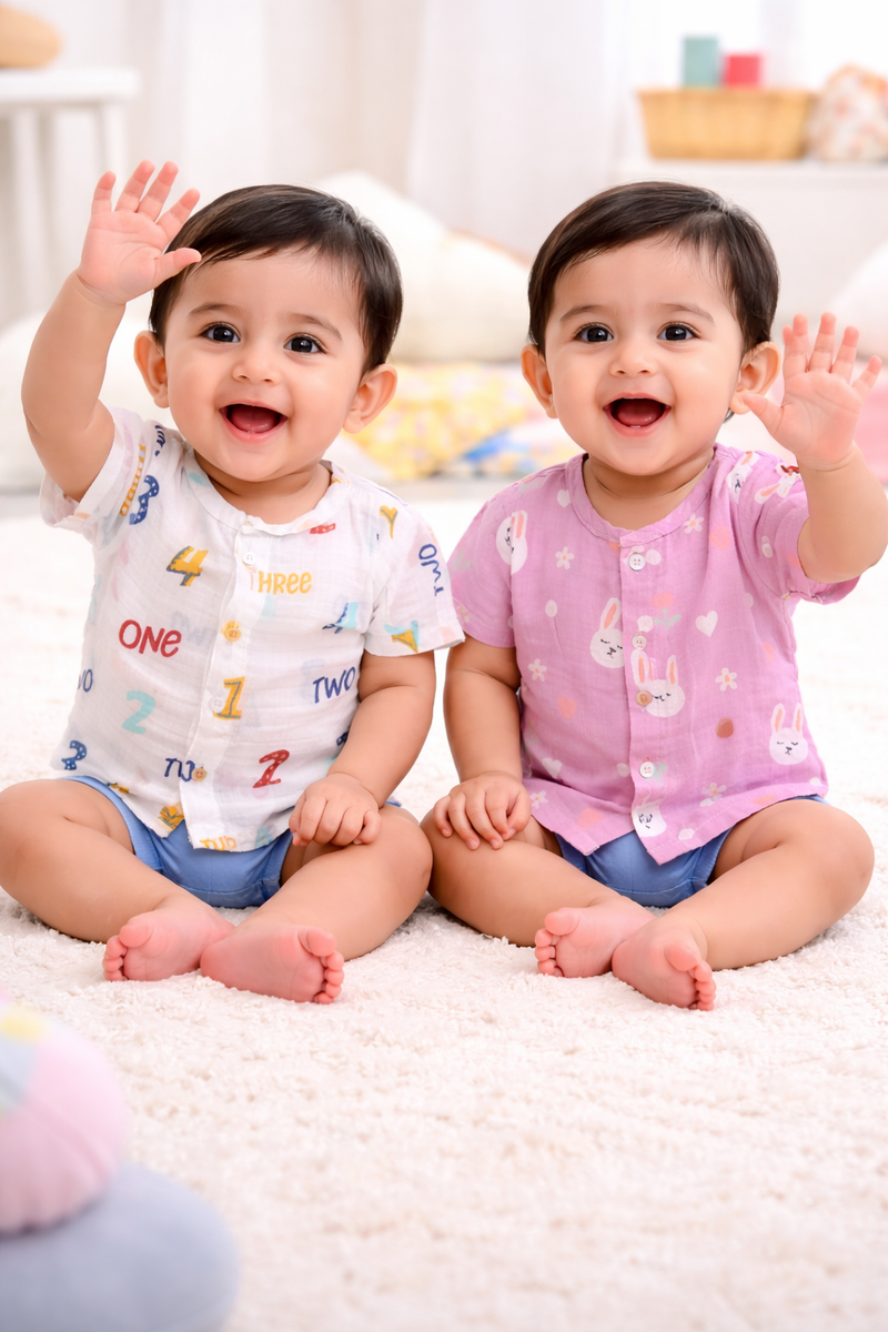 Set of 2 100% Cotton Muslin Jhablas | Short Sleeves Baby Jhablas - Pink Bunny Plus