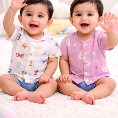 Set of 2 100% Cotton Muslin Jhablas | Short Sleeves Baby Jhablas - Pink Bunny Plus