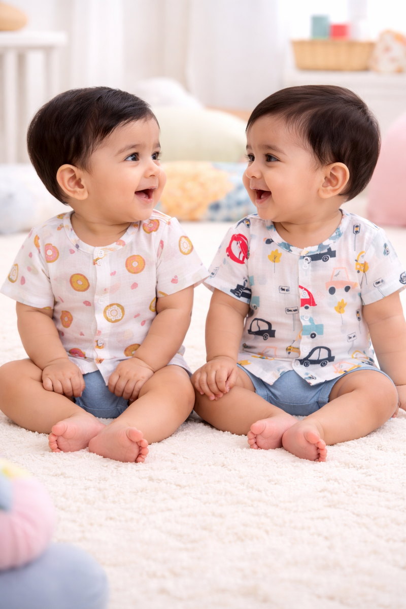 Set of 2 100% Cotton Muslin Jhablas | Short Sleeves Baby Jhablas - Cars Plus