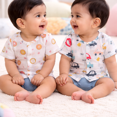 Set of 2 100% Cotton Muslin Jhablas | Short Sleeves Baby Jhablas - Cars Plus