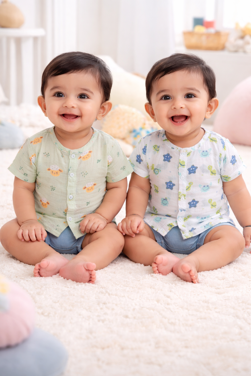 Set of 2 100% Cotton Muslin Jhablas | Short Sleeves Baby Jhablas - Starsy Plus