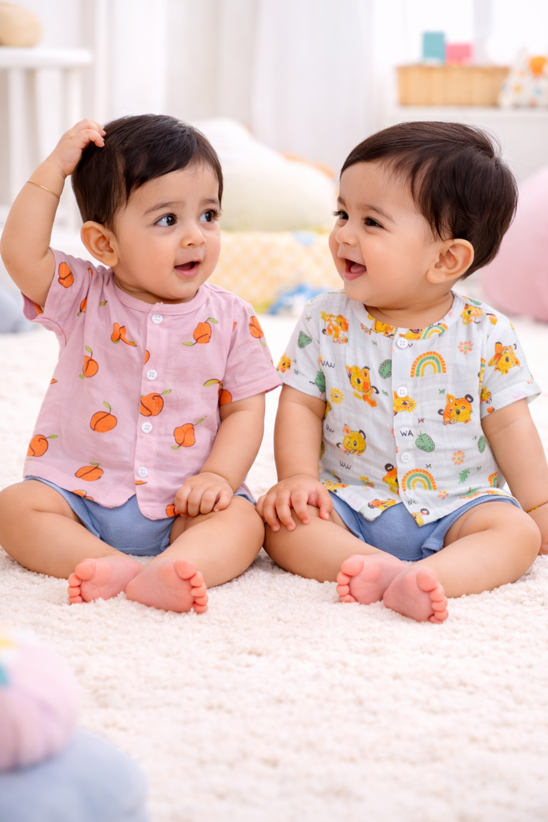 Set of 2 100% Cotton Muslin Jhablas | Short Sleeves Baby Jhablas - Orange Koala Plus