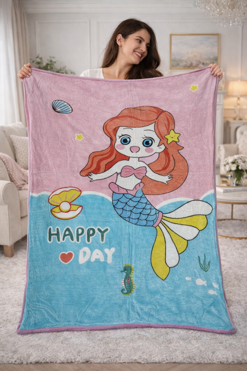 Lightweight Soft Plush Velvet Fleece 2 way Printed Blanket for 1 -7 Year Olds - Mermaid Happy Day