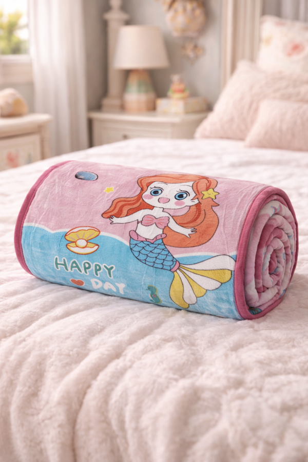 Lightweight Soft Plush Velvet Fleece 2 way Printed Blanket for 1 -7 Year Olds - Mermaid Happy Day